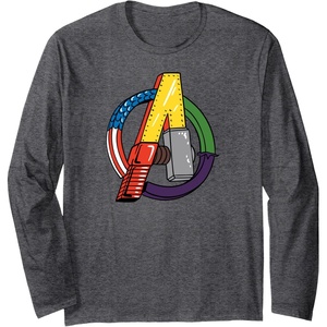 Amazon Essentials Marvel Avengers Multi Hero Logo Collage Long Sleeve T-Shirt(Dark Heather Grey)