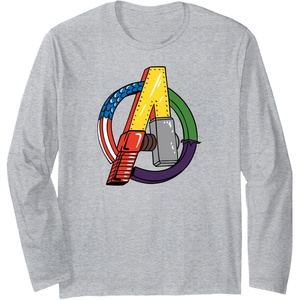 Amazon Essentials Marvel Avengers Multi Hero Logo Collage Long Sleeve T-Shirt(Heather Grey)