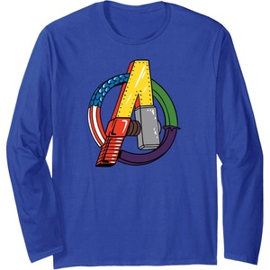 Amazon Essentials Marvel Avengers Multi Hero Logo Collage Long Sleeve T-Shirt(Royal Blue)