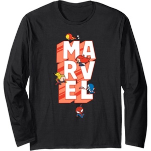 Amazon Essentials Marvel Block Letters With Five Tiny Super Heroes Long Sleeve T-Shirt(Black)