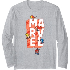 Amazon Essentials Marvel Block Letters With Five Tiny Super Heroes Long Sleeve T-Shirt(Heather Grey)