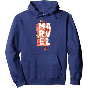 Amazon Essentials Marvel Block Letters With Five Tiny Super Heroes Pullover Hoodie(Navy Blue)