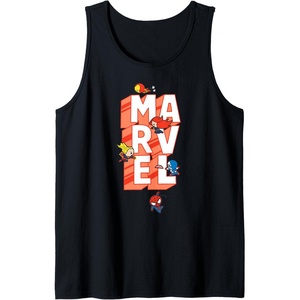 Amazon Essentials Marvel Block Letters With Five Tiny Super Heroes Tank Top(Black)