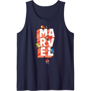 Amazon Essentials Marvel Block Letters With Five Tiny Super Heroes Tank Top(Navy Blue)