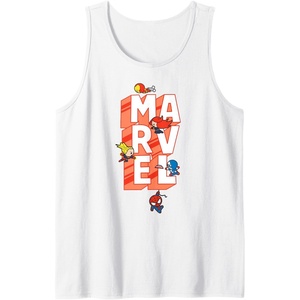 Amazon Essentials Marvel Block Letters With Five Tiny Super Heroes Tank Top(White)