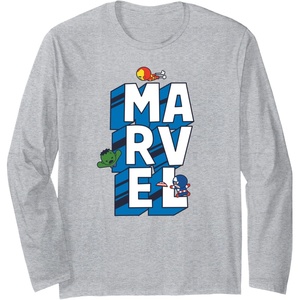 Amazon Essentials Marvel Block Letters With Three Tiny Super Heroes Long Sleeve T-Shirt(Heather Grey)