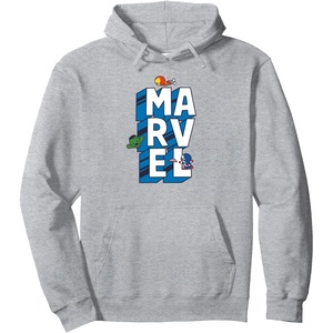 Amazon Essentials Marvel Block Letters With Three Tiny Super Heroes Pullover Hoodie(Heather Grey)