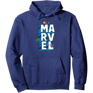 Amazon Essentials Marvel Block Letters With Three Tiny Super Heroes Pullover Hoodie(Navy Blue)