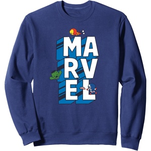 Amazon Essentials Marvel Block Letters With Three Tiny Super Heroes Sweatshirt(Navy Blue)