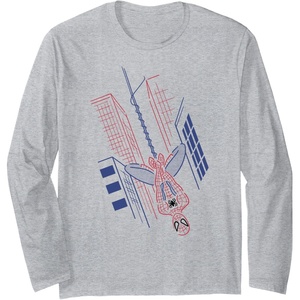 Amazon Essentials Marvel Spider-Man Hanging in the City Line Drawing Long Sleeve T-Shirt(Heather Grey)