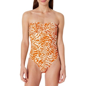 Amazon Essentials Women’s Bandeau One Piece Swimsuit(Rust Orange Abstract Palms)