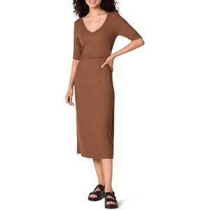 Amazon Essentials Women’s Fine Rib V Neck Side Cut-Out Midi Dress (Previously Daily Ritual)(Chocolate)