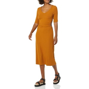 Amazon Essentials Women’s Fine Rib V Neck Side Cut-Out Midi Dress (Previously Daily Ritual)(Dark Caramel)
