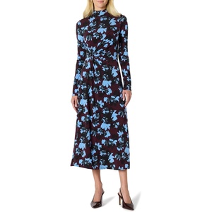 Amazon Essentials Women’s Fit and Flare Jersey Long-Sleeved Maxi Dress(Burgundy Blue Floral)