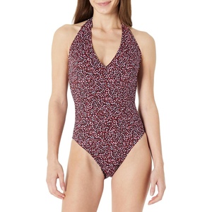 Amazon Essentials Women’s Halter One Piece Swimsuit(Brick Red Lilac Leopard)