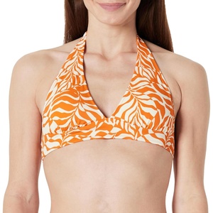 Amazon Essentials Women’s Light-Support Padded Tie Halter Bikini Swimsuit Top (Available in Plus Size)(Rust Orange Abstract Palms)