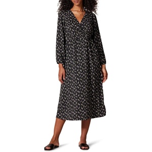 Amazon Essentials Women’s Lightweight Georgette Long Sleeve V-Neck Midi Dress (Available in Plus Size)(Black  Bouquet Floral)