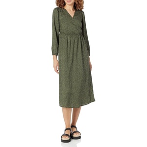 Amazon Essentials Women’s Lightweight Georgette Long Sleeve V-Neck Midi Dress (Available in Plus Size)(Dark Olive  Abstract Animal)