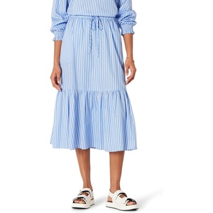 Amazon Essentials Women’s Mid-Rise A-line Cotton Sateen Tiered Midi Skirt (Top Sold Separately)(Blue White Stripe)