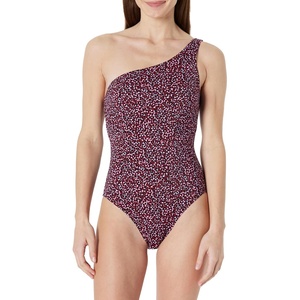 Amazon Essentials Women’s One-Shoulder One-Piece Swimsuit(Brick Red Lilac Leopard)