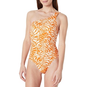 Amazon Essentials Women’s One-Shoulder One-Piece Swimsuit(Rust Orange Abstract Palms)