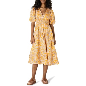 Amazon Essentials Women’s Regular-Fit Cotton Sateen Puff Sleeve Midi Dress, V-Neck(Golden Yellow Beige Folk Floral Multi)
