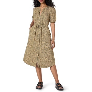 Amazon Essentials Women’s Relaxed Fit Half-Sleeve Breathable Button Front Drawstring Waist Midi A-Line Dress with Pockets(Camel/Black – Mini Ikat Animal)