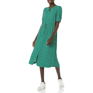 Amazon Essentials Women’s Relaxed Fit Half-Sleeve Breathable Button Front Drawstring Waist Midi A-Line Dress with Pockets(Green Vine Leaf Print)