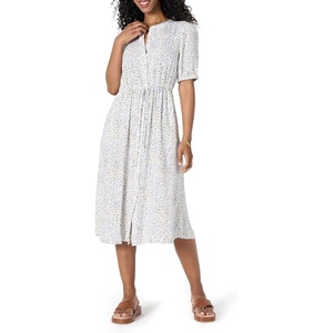 Amazon Essentials Women’s Relaxed Fit Half-Sleeve Breathable Button Front Drawstring Waist Midi A-Line Dress with Pockets(Off White Micro Confetti Print)