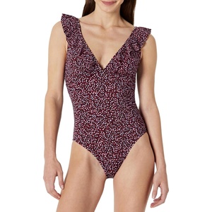 Amazon Essentials Women’s Ruffle V-Neck One-Piece Swimsuit(Brick Red Lilac Leopard)