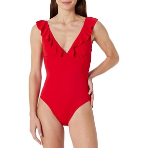 Amazon Essentials Women’s Ruffle V-Neck One-Piece Swimsuit(Bright Poppy Red)