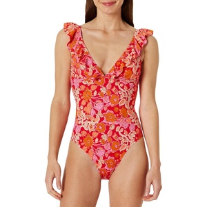 Amazon Essentials Women’s Ruffle V-Neck One-Piece Swimsuit(Bright Poppy Red Folk Floral)