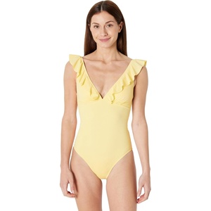 Amazon Essentials Women’s Ruffle V-Neck One-Piece Swimsuit(Light Yellow)