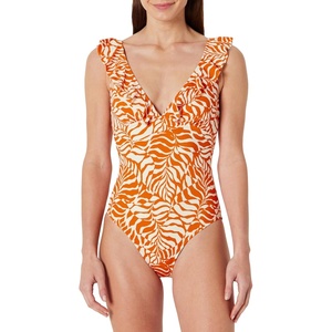 Amazon Essentials Women’s Ruffle V-Neck One-Piece Swimsuit(Rust Orange Abstract Palms)