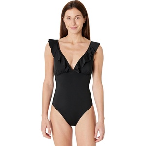 Amazon Essentials Women’s Ruffle V-Neck One-Piece Swimsuit(Washed Black)