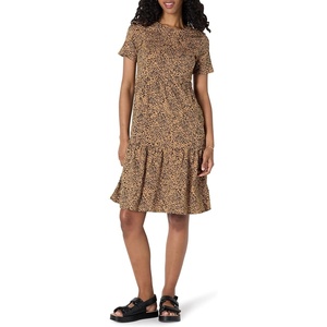 Amazon Essentials Women’s Short-Sleeve Crewneck Tiered Cotton Dress(Dark Camel Leopard)