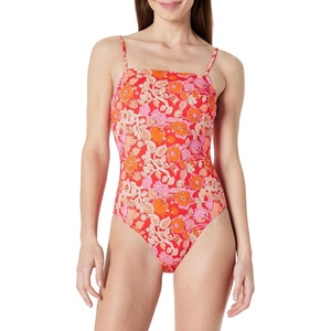 Amazon Essentials Women’s Squareneck One-Piece Swimsuit(Bright Poppy Red Folk Floral)