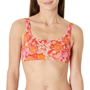 Amazon Essentials Women’s Squareneck Swim Bikini Top(Bright Poppy Red Folk Floral)