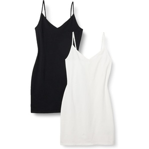 Amazon Essentials Women’s V Neck Slim Fit Cotton Layering Slip Dress with Adjustable Elastic Cami Straps(Black/White)