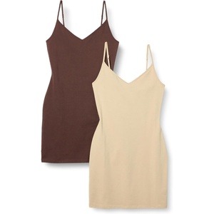 Amazon Essentials Women’s V Neck Slim Fit Cotton Layering Slip Dress with Adjustable Elastic Cami Straps(Brown/Light Camel)