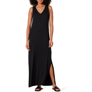 Amazon Essentials Women’s V-Neck Maxi Dress with Side-Slits, Jersey(Black)