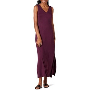 Amazon Essentials Women’s V-Neck Maxi Dress with Side-Slits, Jersey(Burgundy)
