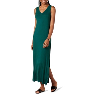 Amazon Essentials Women’s V-Neck Maxi Dress with Side-Slits, Jersey(Dark Green)