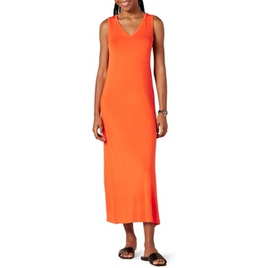 Amazon Essentials Women’s V-Neck Maxi Dress with Side-Slits, Jersey(Orange)