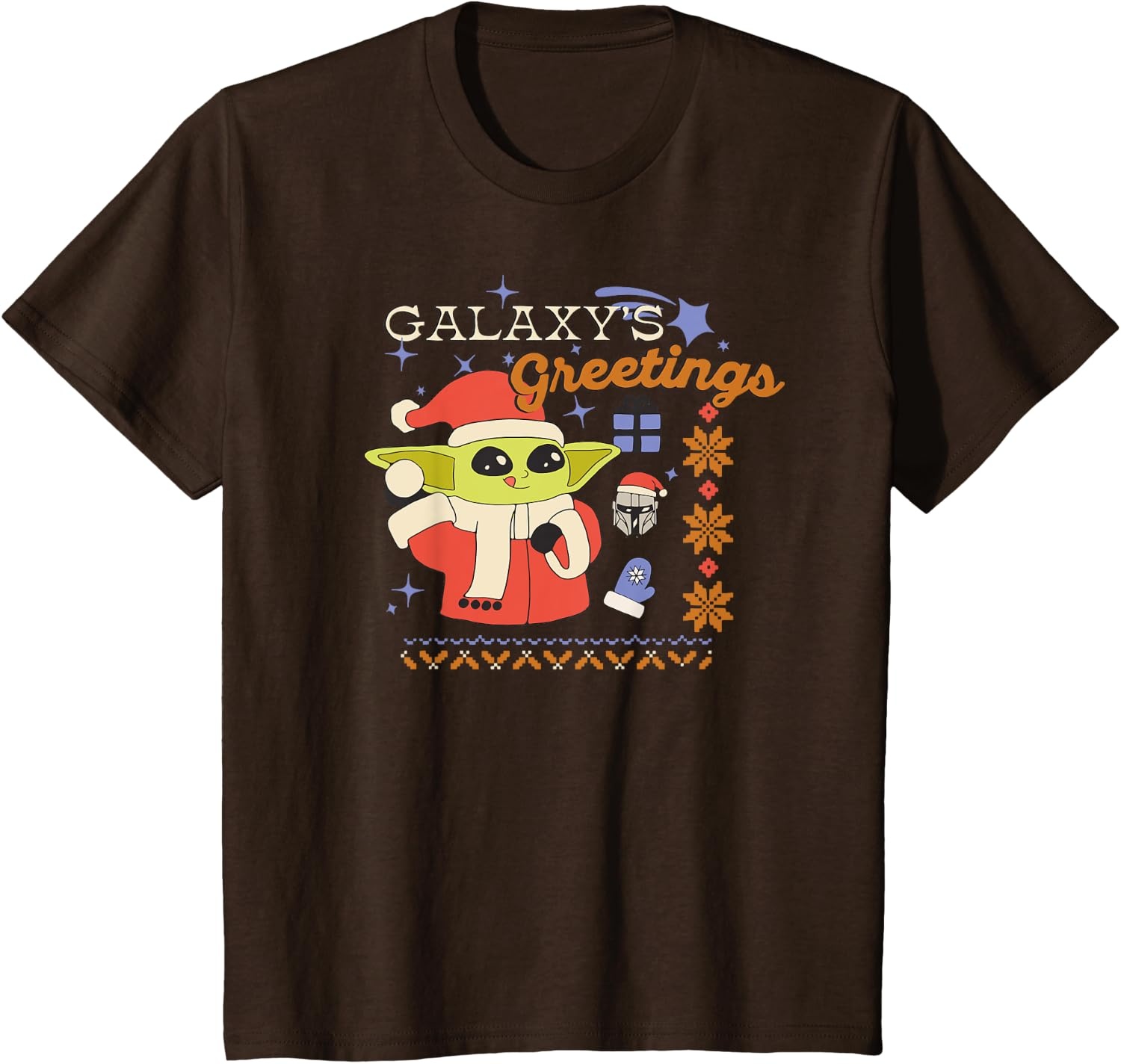 image:imageAmazon Essentials Mens The Mandalorian Grogu Christmas Holiday Galaxys Greetings TShirt Black Graphic Print SmallBrown