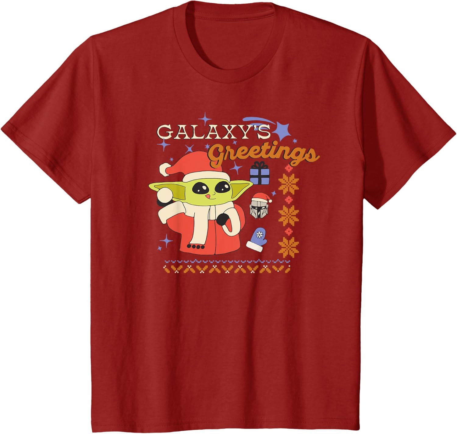 image:imageAmazon Essentials Mens The Mandalorian Grogu Christmas Holiday Galaxys Greetings TShirt Black Graphic Print SmallCranberry Red