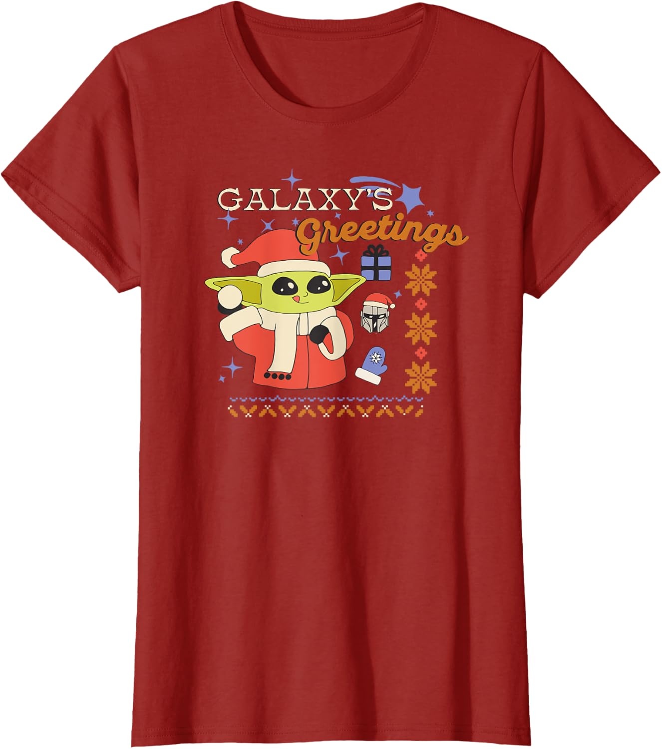 image:imageAmazon Essentials Mens The Mandalorian Grogu Christmas Holiday Galaxys Greetings TShirt Black Graphic Print SmallCranberry Red