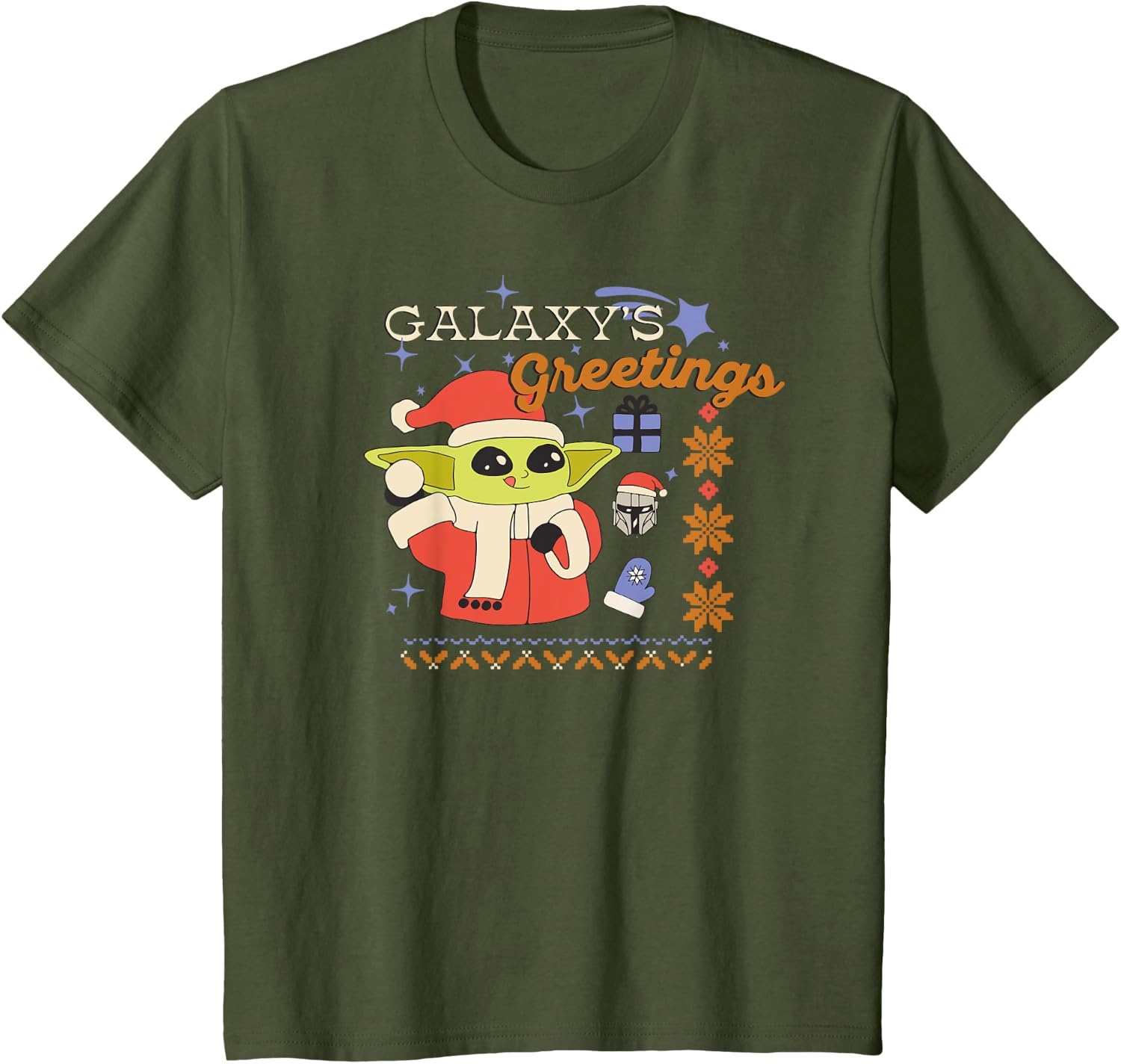 image:imageAmazon Essentials Mens The Mandalorian Grogu Christmas Holiday Galaxys Greetings TShirt Black Graphic Print SmallOlive Green