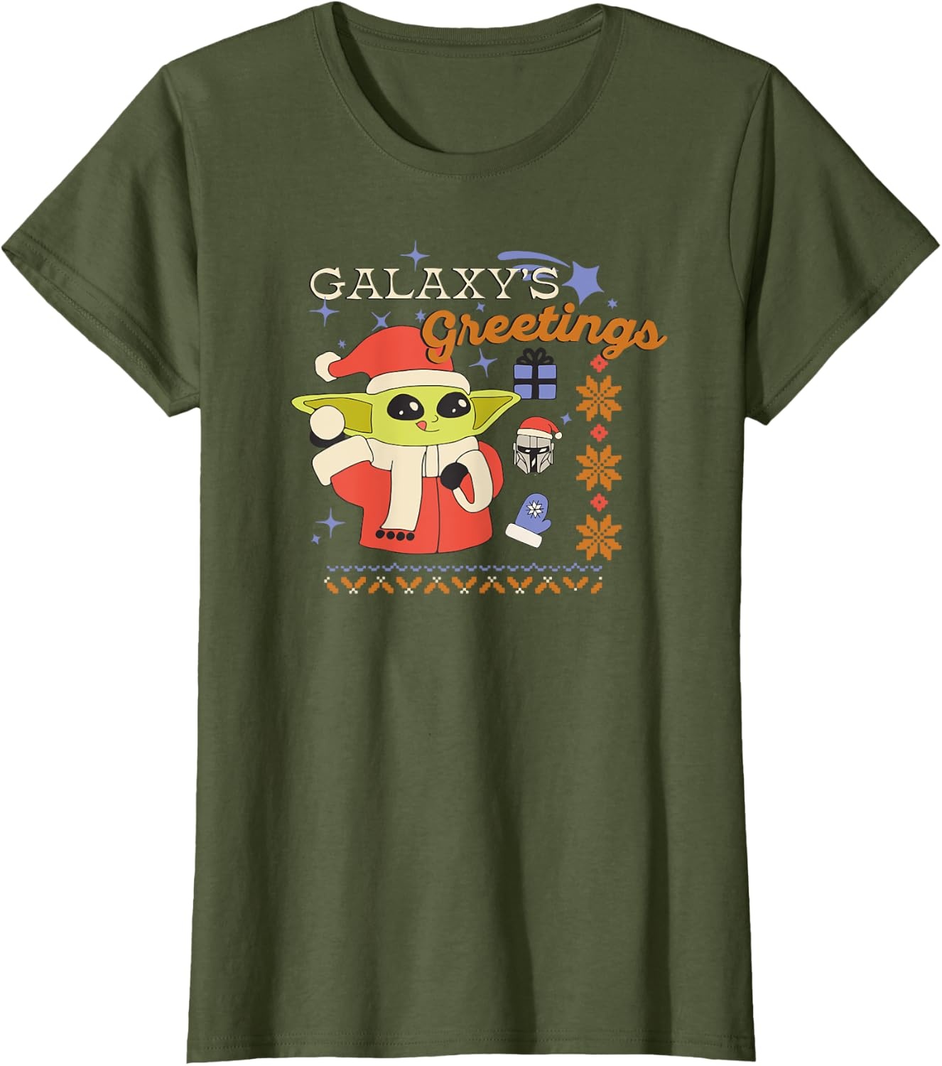 image:imageAmazon Essentials Mens The Mandalorian Grogu Christmas Holiday Galaxys Greetings TShirt Black Graphic Print SmallOlive Green