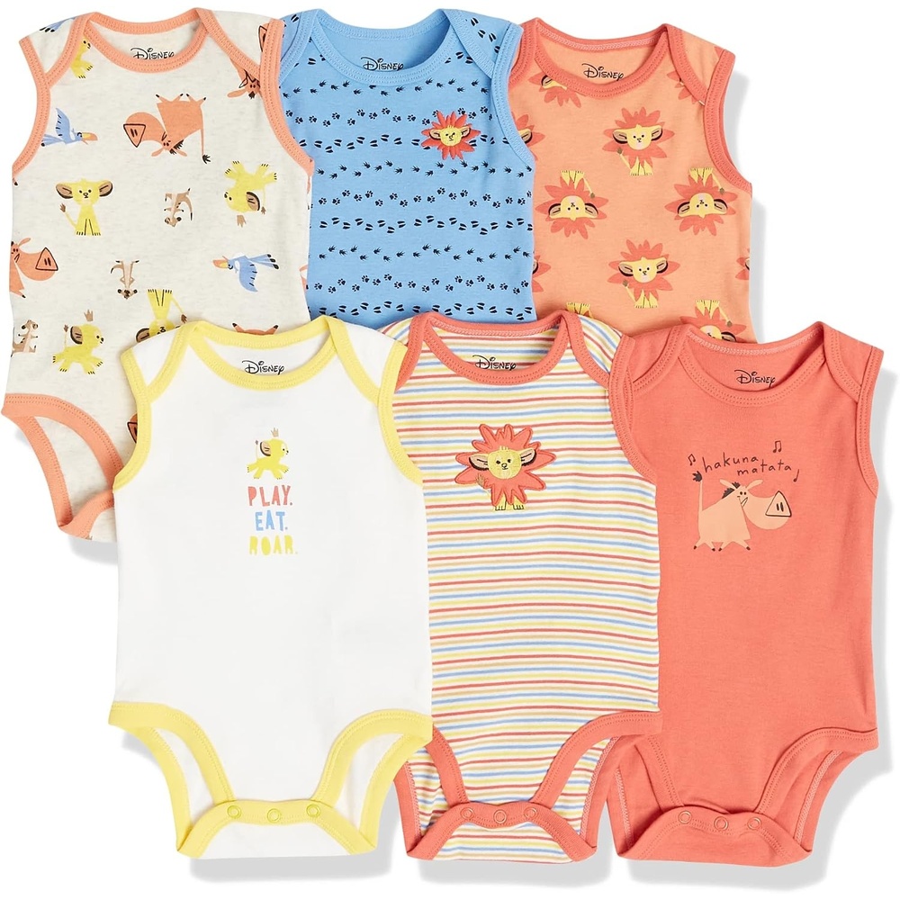 image:imageAmazon Essentials Disney Marvel Star Wars Unisex Babies Sleeveless Cotton Knit Bodysuits Pack of 6Lion King Play Eat Roar